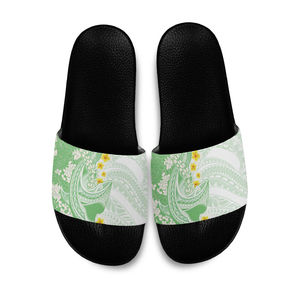 Green Hawaii Shark Tattoo Slide Sandals Puakenikeni Lei Plumeria Polynesian Pattern