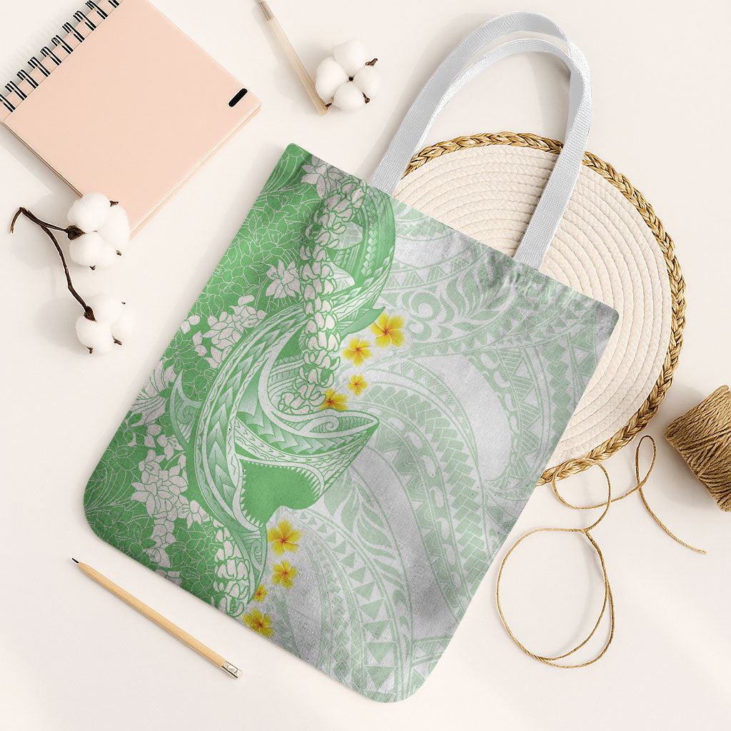 Green Hawaii Shark Tattoo Tote Bag Puakenikeni Lei Plumeria Polynesian Pattern