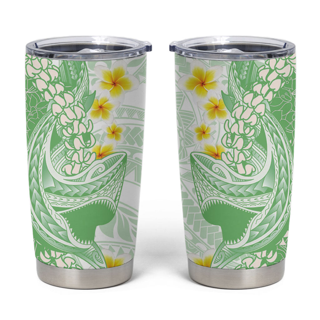 Green Hawaii Shark Tattoo Tumbler Cup Puakenikeni Lei Plumeria Polynesian Pattern