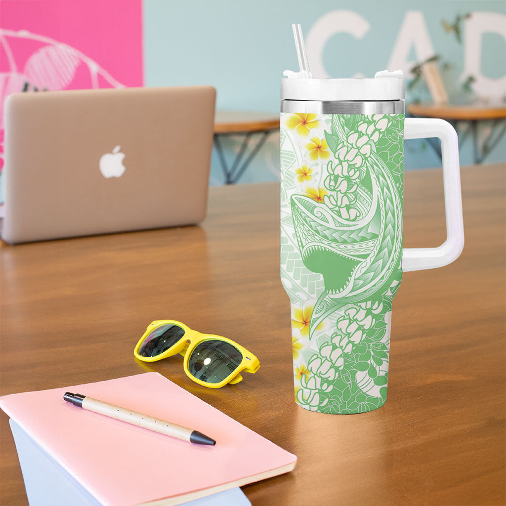 Green Hawaii Shark Tattoo Tumbler With Handle Puakenikeni Lei Plumeria Polynesian Pattern
