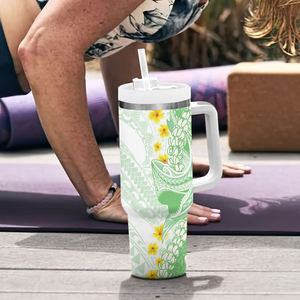 Green Hawaii Shark Tattoo Tumbler With Handle Puakenikeni Lei Plumeria Polynesian Pattern
