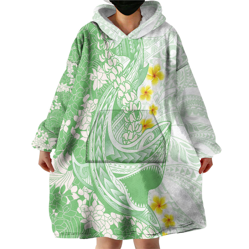 Green Hawaii Shark Tattoo Wearable Blanket Hoodie Puakenikeni Lei Plumeria Polynesian Pattern LT14 - Polynesian Pride