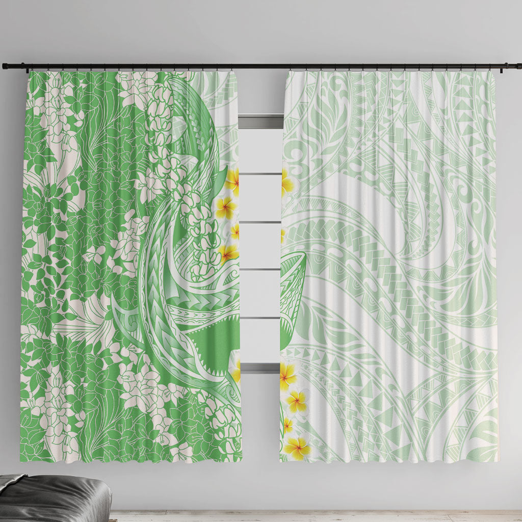 Green Hawaii Shark Tattoo Window Curtain Puakenikeni Lei Plumeria Polynesian Pattern