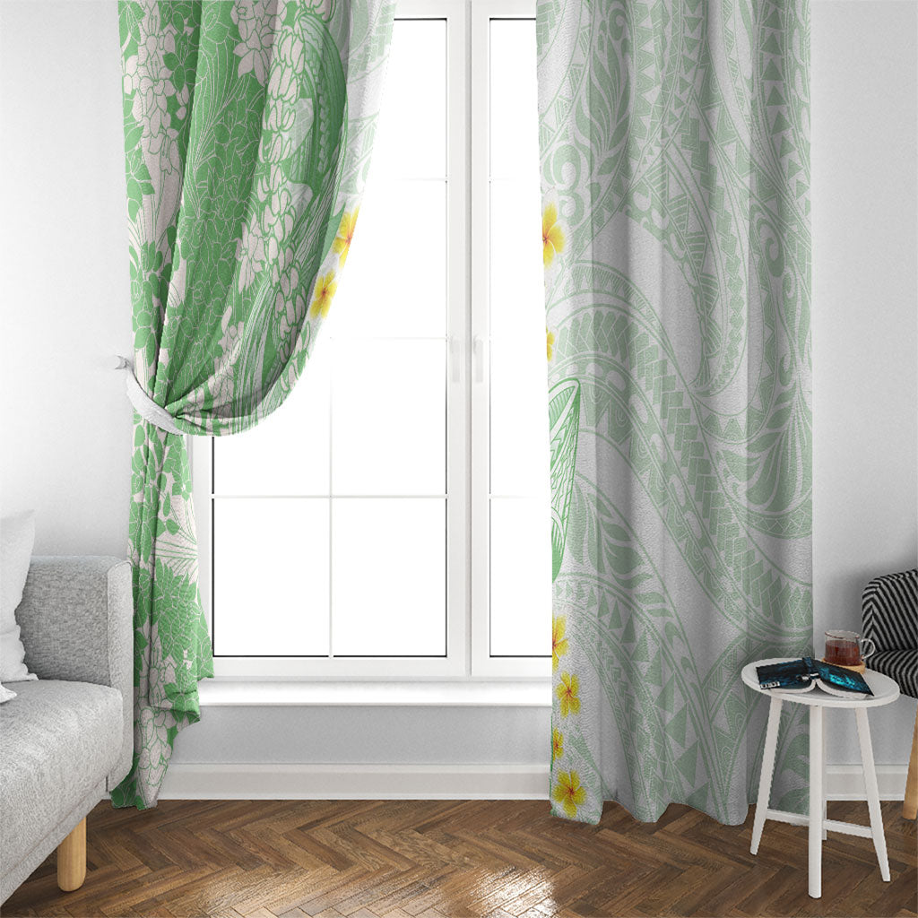 Green Hawaii Shark Tattoo Window Curtain Puakenikeni Lei Plumeria Polynesian Pattern
