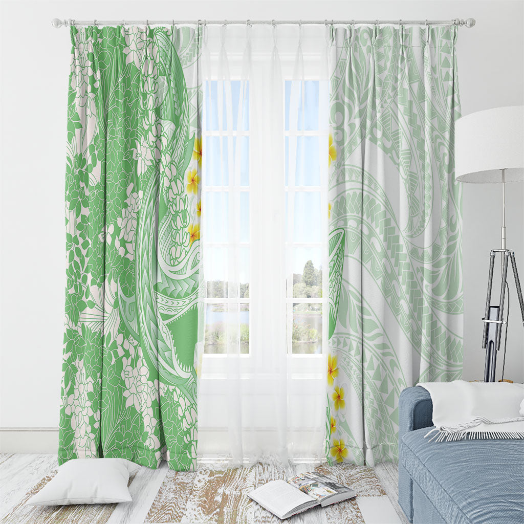 Green Hawaii Shark Tattoo Window Curtain Puakenikeni Lei Plumeria Polynesian Pattern