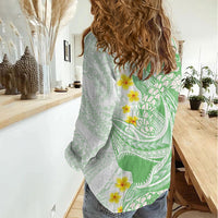 Green Hawaii Shark Tattoo Women Casual Shirt Puakenikeni Lei Plumeria Polynesian Pattern LT14 - Polynesian Pride