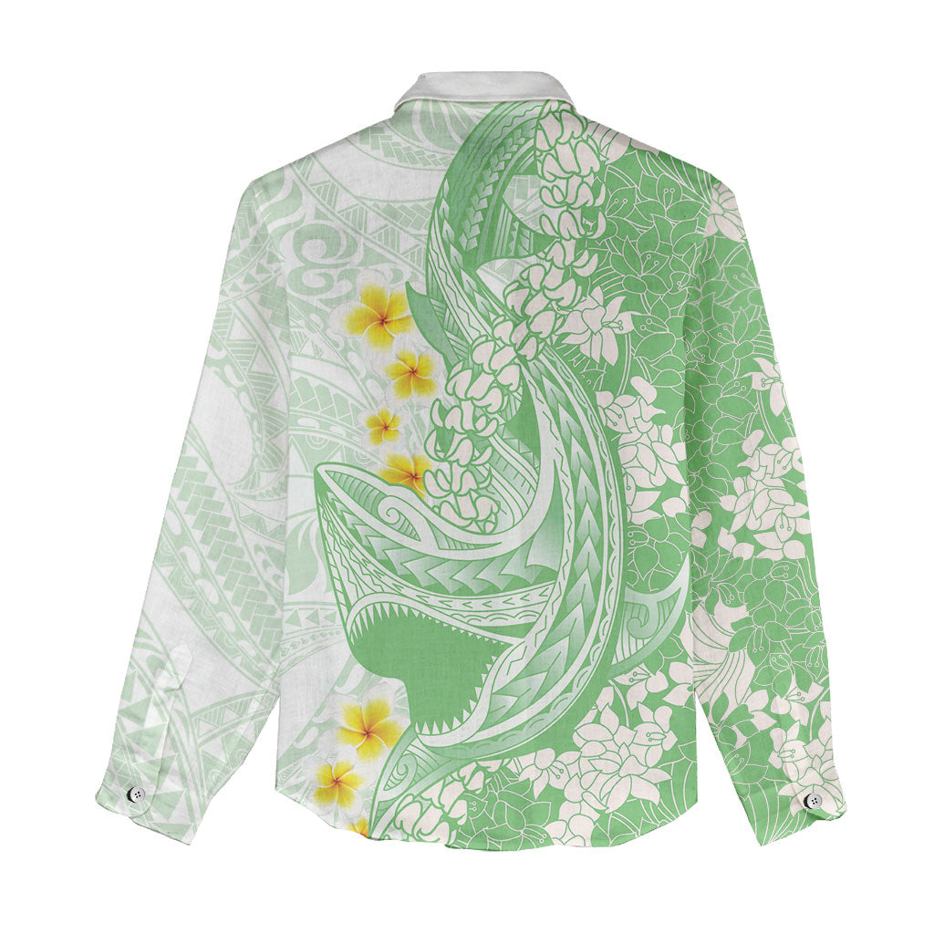 Green Hawaii Shark Tattoo Women Casual Shirt Puakenikeni Lei Plumeria Polynesian Pattern LT14 - Polynesian Pride