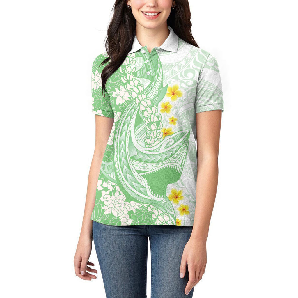 Green Hawaii Shark Tattoo Women Polo Shirt Puakenikeni Lei Plumeria Polynesian Pattern LT14 - Polynesian Pride