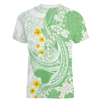 Green Hawaii Shark Tattoo Women V-Neck T-Shirt Puakenikeni Lei Plumeria Polynesian Pattern LT14 - Polynesian Pride