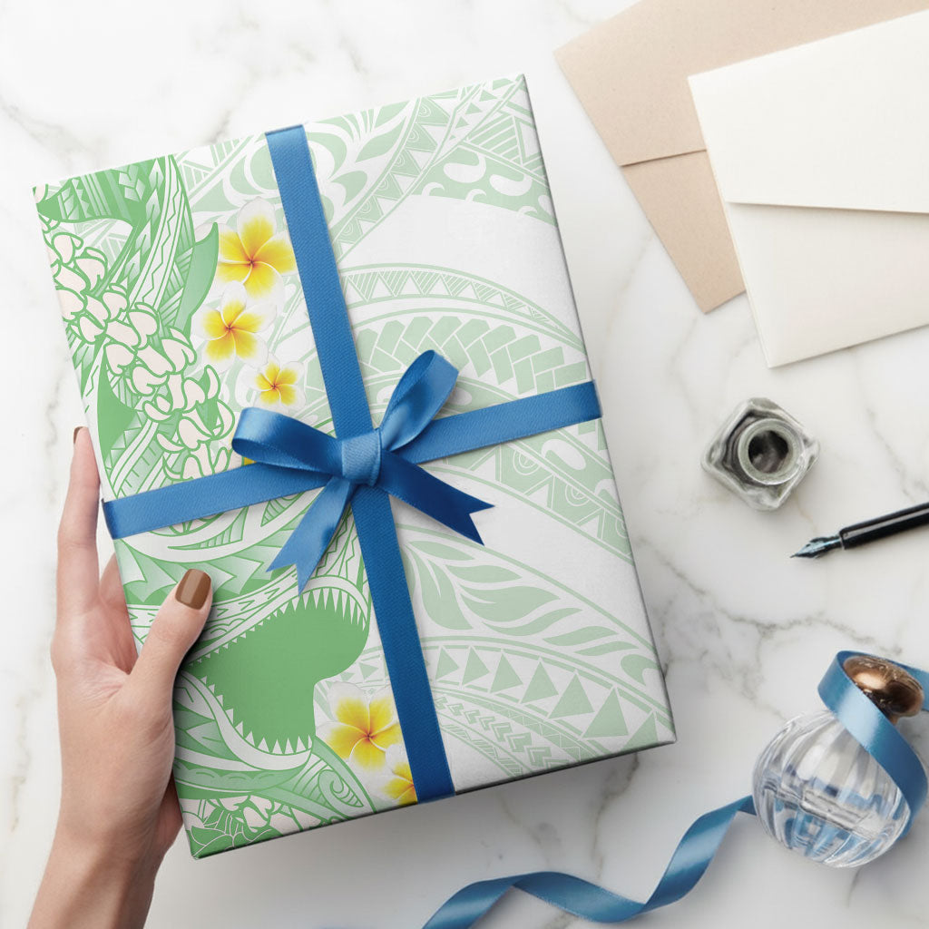 Green Hawaii Shark Tattoo Wrapping Paper Puakenikeni Lei Plumeria Polynesian Pattern