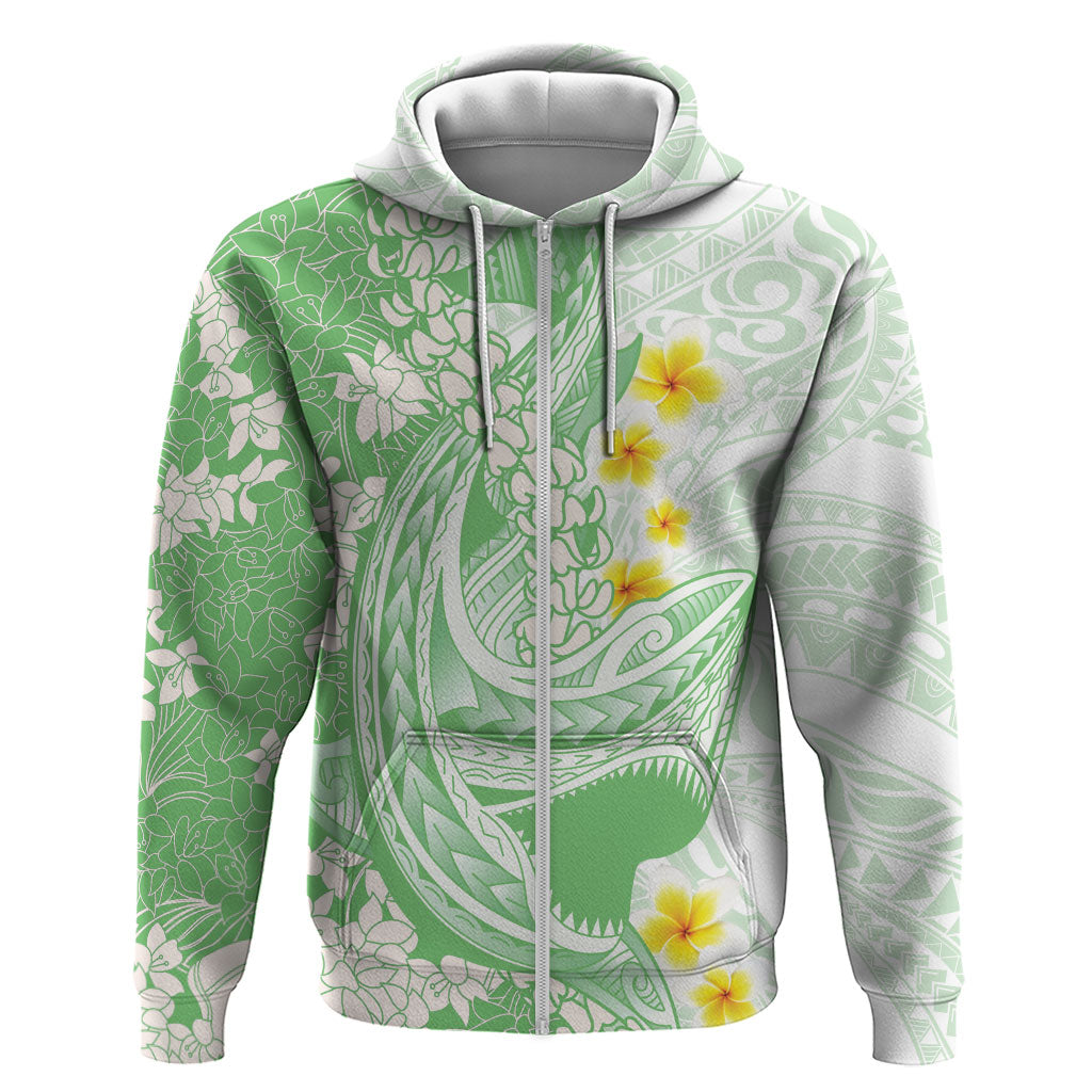 Green Hawaii Shark Tattoo Zip Hoodie Puakenikeni Lei Plumeria Polynesian Pattern