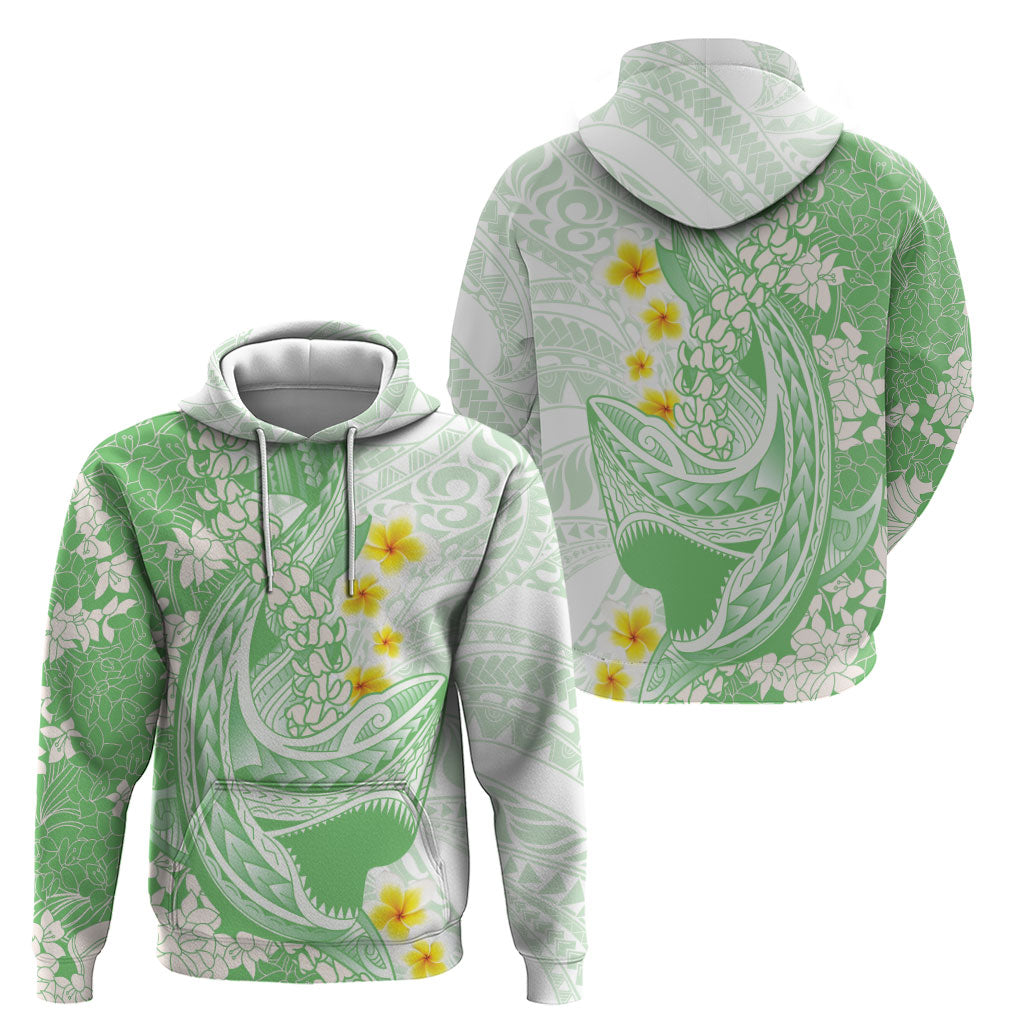 Green Hawaii Shark Tattoo Zip Hoodie Puakenikeni Lei Plumeria Polynesian Pattern