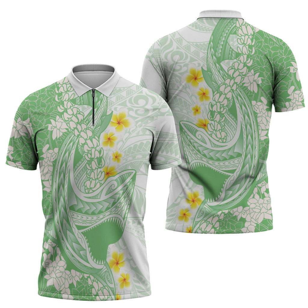 Green Hawaii Shark Tattoo Zipper Polo Shirt Puakenikeni Lei Plumeria Polynesian Pattern LT14 - Polynesian Pride