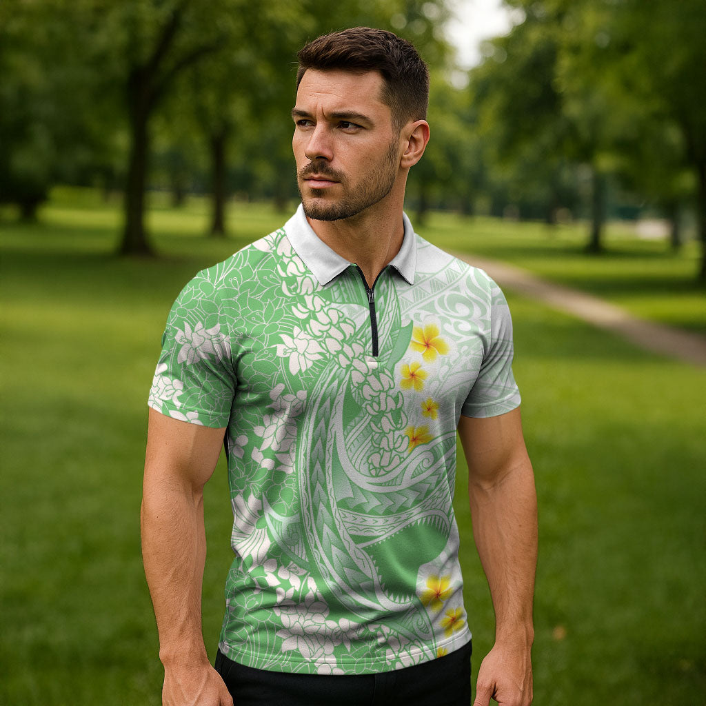 Green Hawaii Shark Tattoo Zipper Polo Shirt Puakenikeni Lei Plumeria Polynesian Pattern LT14 - Polynesian Pride