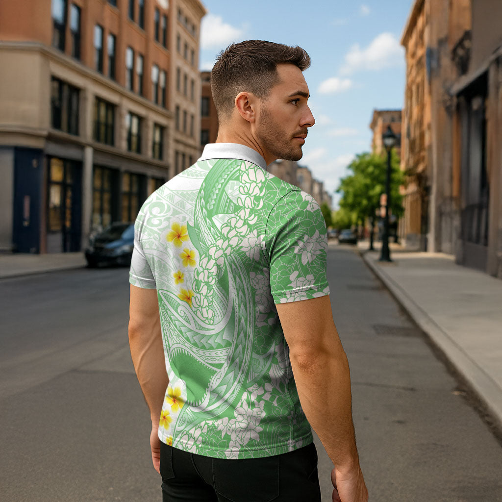Green Hawaii Shark Tattoo Zipper Polo Shirt Puakenikeni Lei Plumeria Polynesian Pattern LT14 - Polynesian Pride