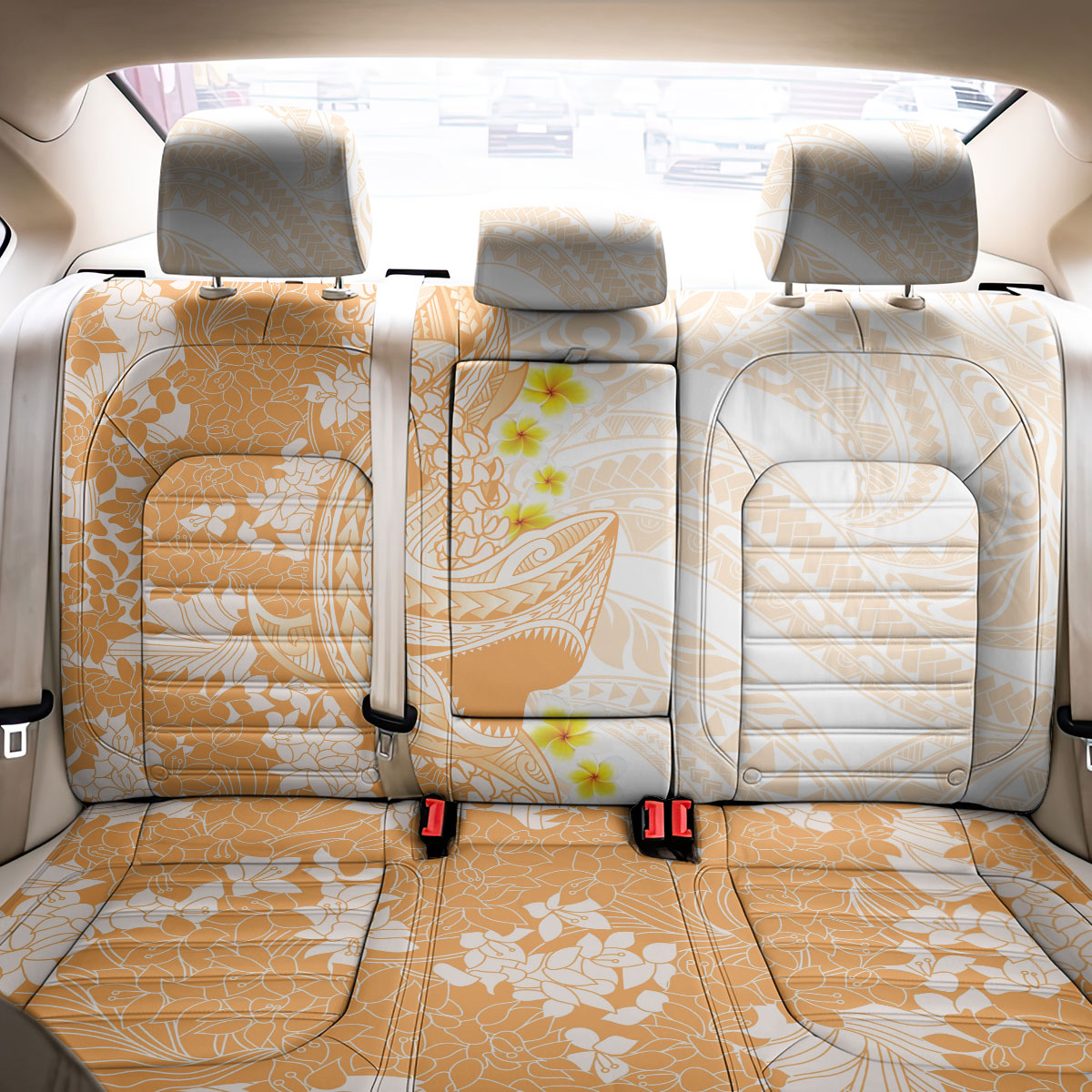 Orange Hawaii Shark Tattoo Back Car Seat Cover Puakenikeni Lei Plumeria Polynesian Pattern