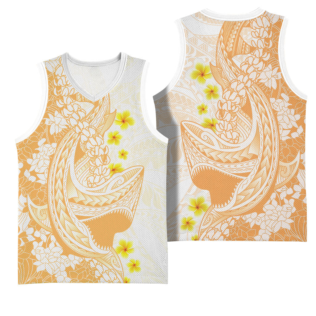 Orange Hawaii Shark Tattoo Basketball Jersey Puakenikeni Lei Plumeria Polynesian Pattern