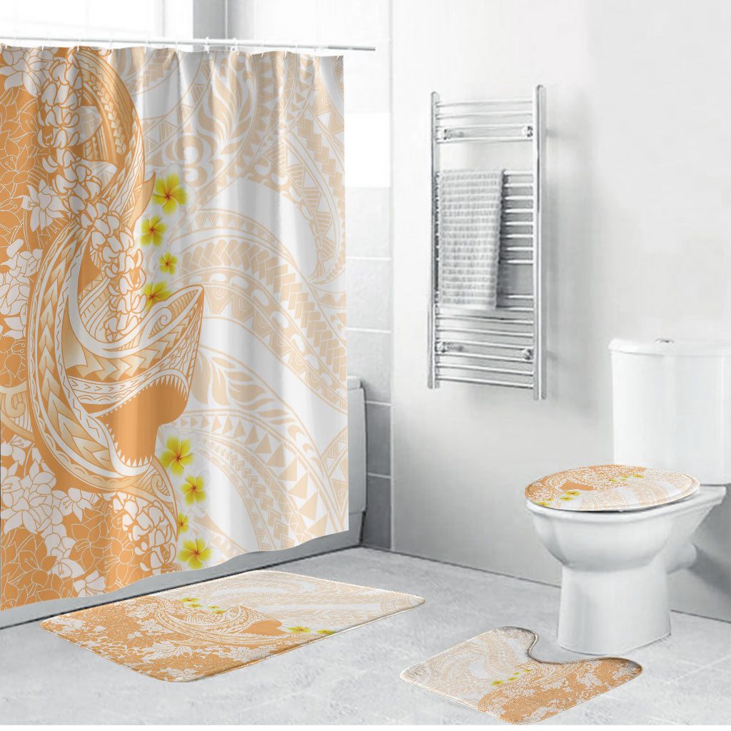 Orange Hawaii Shark Tattoo Bathroom Set Puakenikeni Lei Plumeria Polynesian Pattern