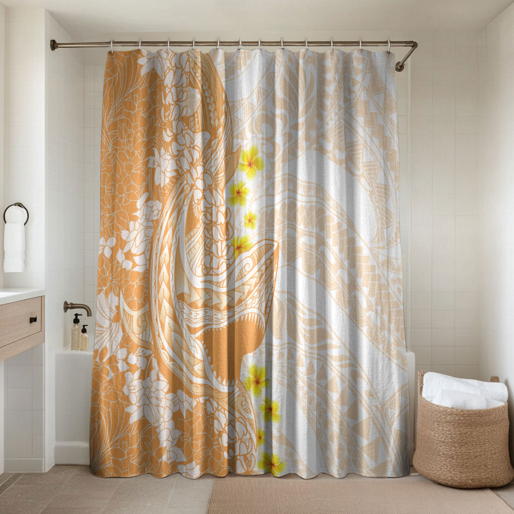 Orange Hawaii Shark Tattoo Bathroom Set Puakenikeni Lei Plumeria Polynesian Pattern