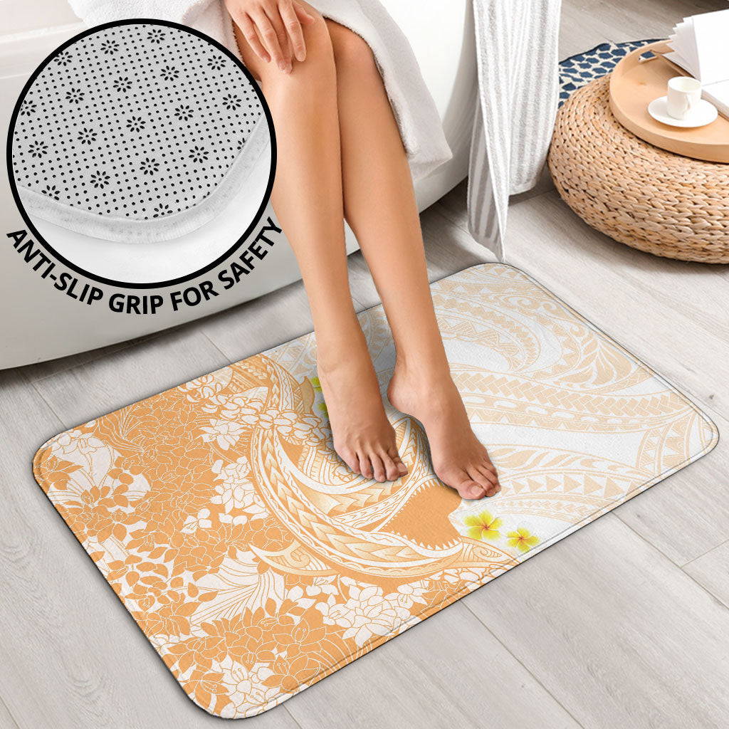 Orange Hawaii Shark Tattoo Bathroom Set Puakenikeni Lei Plumeria Polynesian Pattern