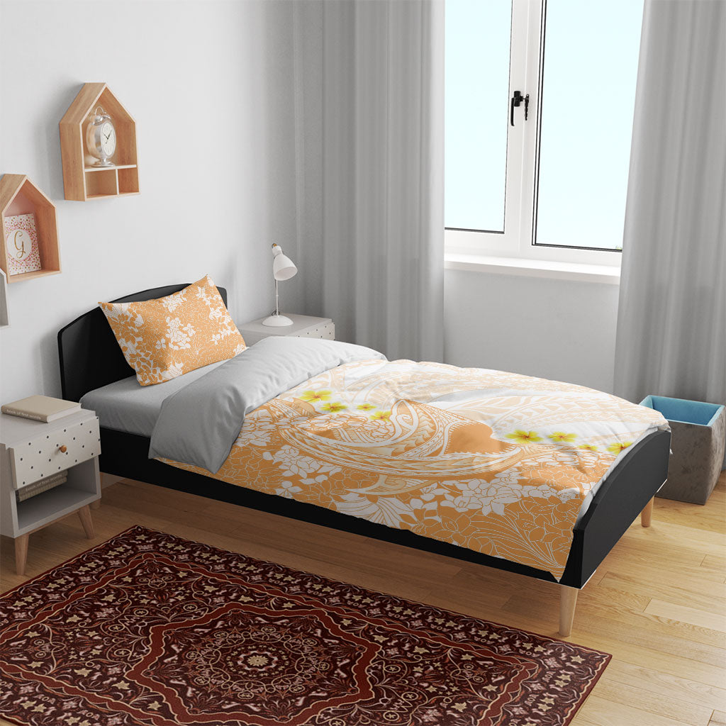 Orange Hawaii Shark Tattoo Bedding Set Puakenikeni Lei Plumeria Polynesian Pattern