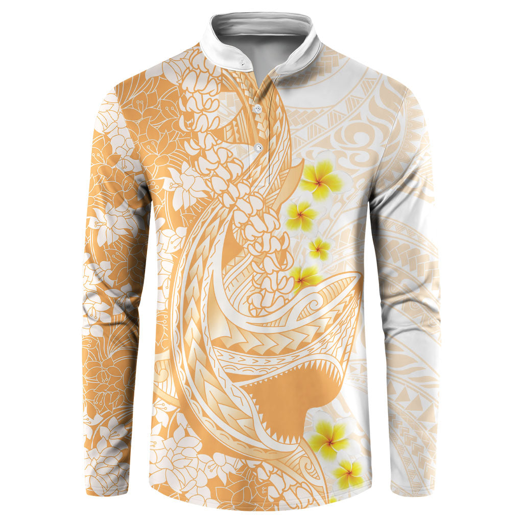 Orange Hawaii Shark Tattoo Button Sweatshirt Puakenikeni Lei Plumeria Polynesian Pattern