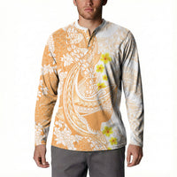 Orange Hawaii Shark Tattoo Button Sweatshirt Puakenikeni Lei Plumeria Polynesian Pattern