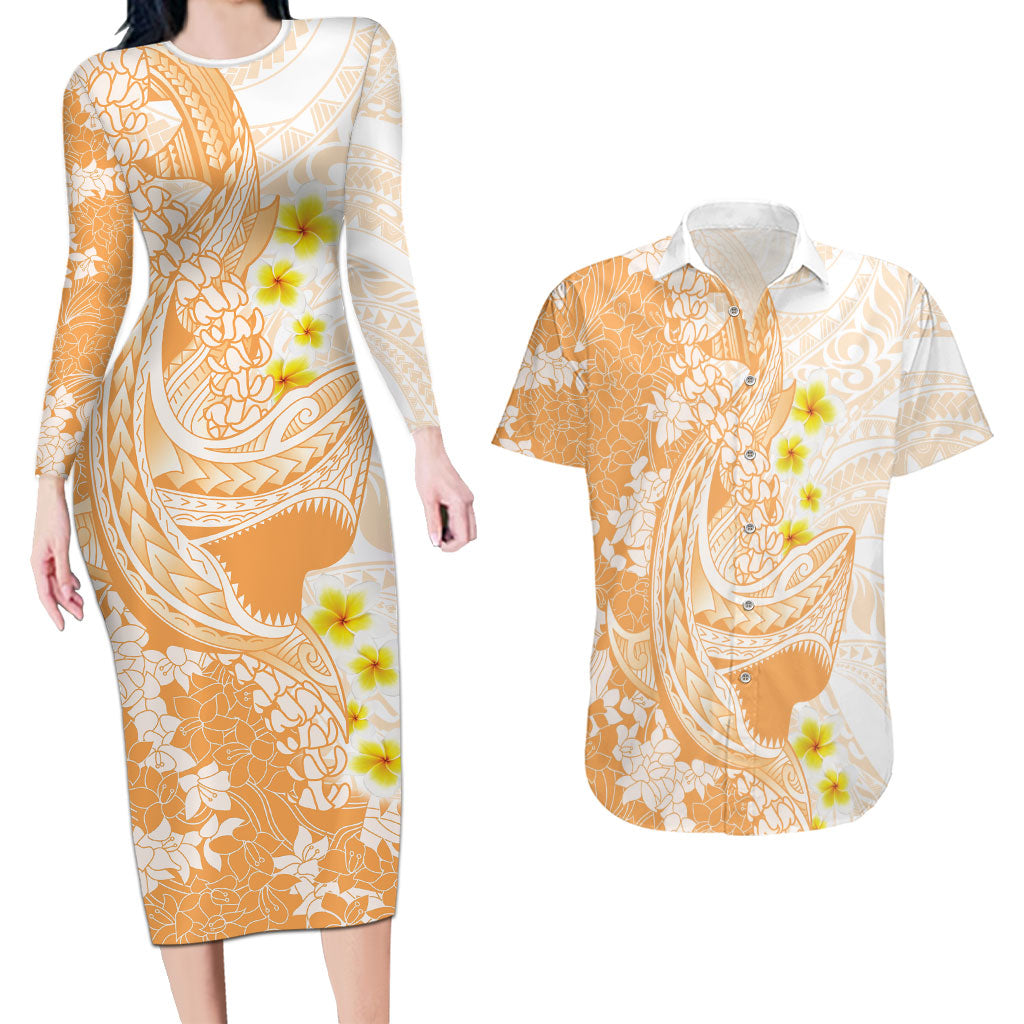 Orange Hawaii Shark Tattoo Couples Matching Long Sleeve Bodycon Dress and Hawaiian Shirt Puakenikeni Lei Plumeria Polynesian Pattern LT14 Orange - Polynesian Pride