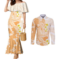 Orange Hawaii Shark Tattoo Couples Matching Mermaid Dress and Long Sleeve Button Shirt Puakenikeni Lei Plumeria Polynesian Pattern LT14 Orange - Polynesian Pride