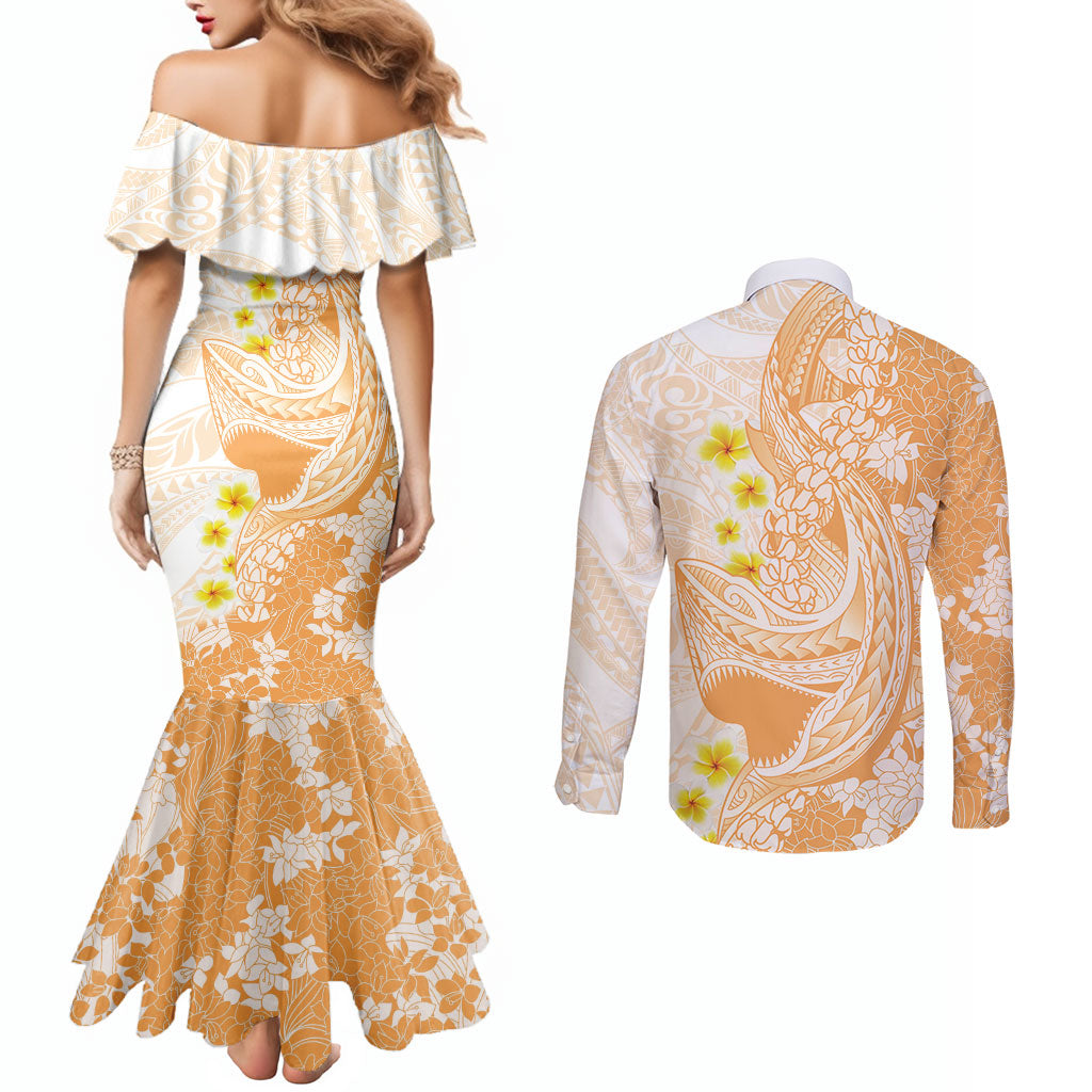 Orange Hawaii Shark Tattoo Couples Matching Mermaid Dress and Long Sleeve Button Shirt Puakenikeni Lei Plumeria Polynesian Pattern LT14 - Polynesian Pride