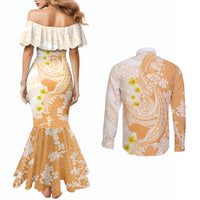 Orange Hawaii Shark Tattoo Couples Matching Mermaid Dress and Long Sleeve Button Shirt Puakenikeni Lei Plumeria Polynesian Pattern LT14 - Polynesian Pride