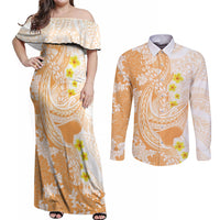 Orange Hawaii Shark Tattoo Couples Matching Off Shoulder Maxi Dress and Long Sleeve Button Shirt Puakenikeni Lei Plumeria Polynesian Pattern LT14 Orange - Polynesian Pride