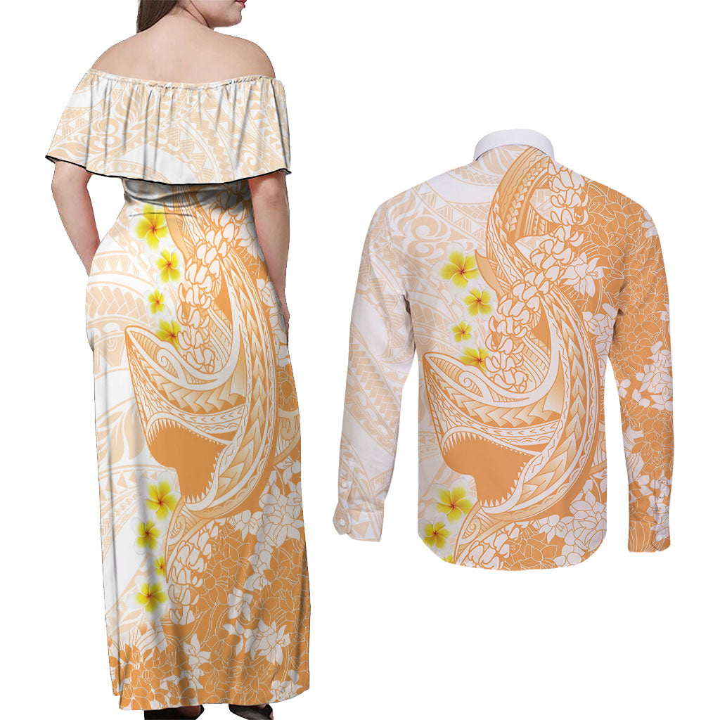 Orange Hawaii Shark Tattoo Couples Matching Off Shoulder Maxi Dress and Long Sleeve Button Shirt Puakenikeni Lei Plumeria Polynesian Pattern LT14 - Polynesian Pride