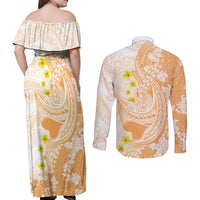 Orange Hawaii Shark Tattoo Couples Matching Off Shoulder Maxi Dress and Long Sleeve Button Shirt Puakenikeni Lei Plumeria Polynesian Pattern LT14 - Polynesian Pride