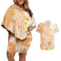Orange Hawaii Shark Tattoo Couples Matching Off Shoulder Short Dress and Hawaiian Shirt Puakenikeni Lei Plumeria Polynesian Pattern LT14 Orange - Polynesian Pride