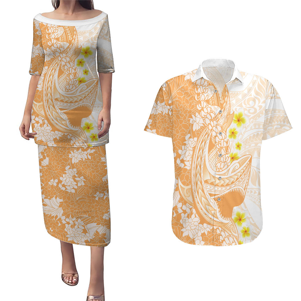 Orange Hawaii Shark Tattoo Couples Matching Puletasi and Hawaiian Shirt Puakenikeni Lei Plumeria Polynesian Pattern LT14 Orange - Polynesian Pride