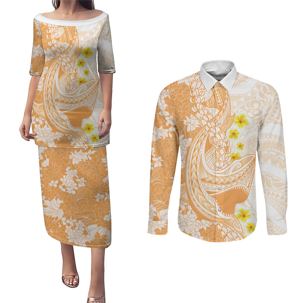 Orange Hawaii Shark Tattoo Couples Matching Puletasi and Long Sleeve Button Shirt Puakenikeni Lei Plumeria Polynesian Pattern LT14 Orange - Polynesian Pride