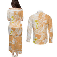 Orange Hawaii Shark Tattoo Couples Matching Puletasi and Long Sleeve Button Shirt Puakenikeni Lei Plumeria Polynesian Pattern LT14 - Polynesian Pride