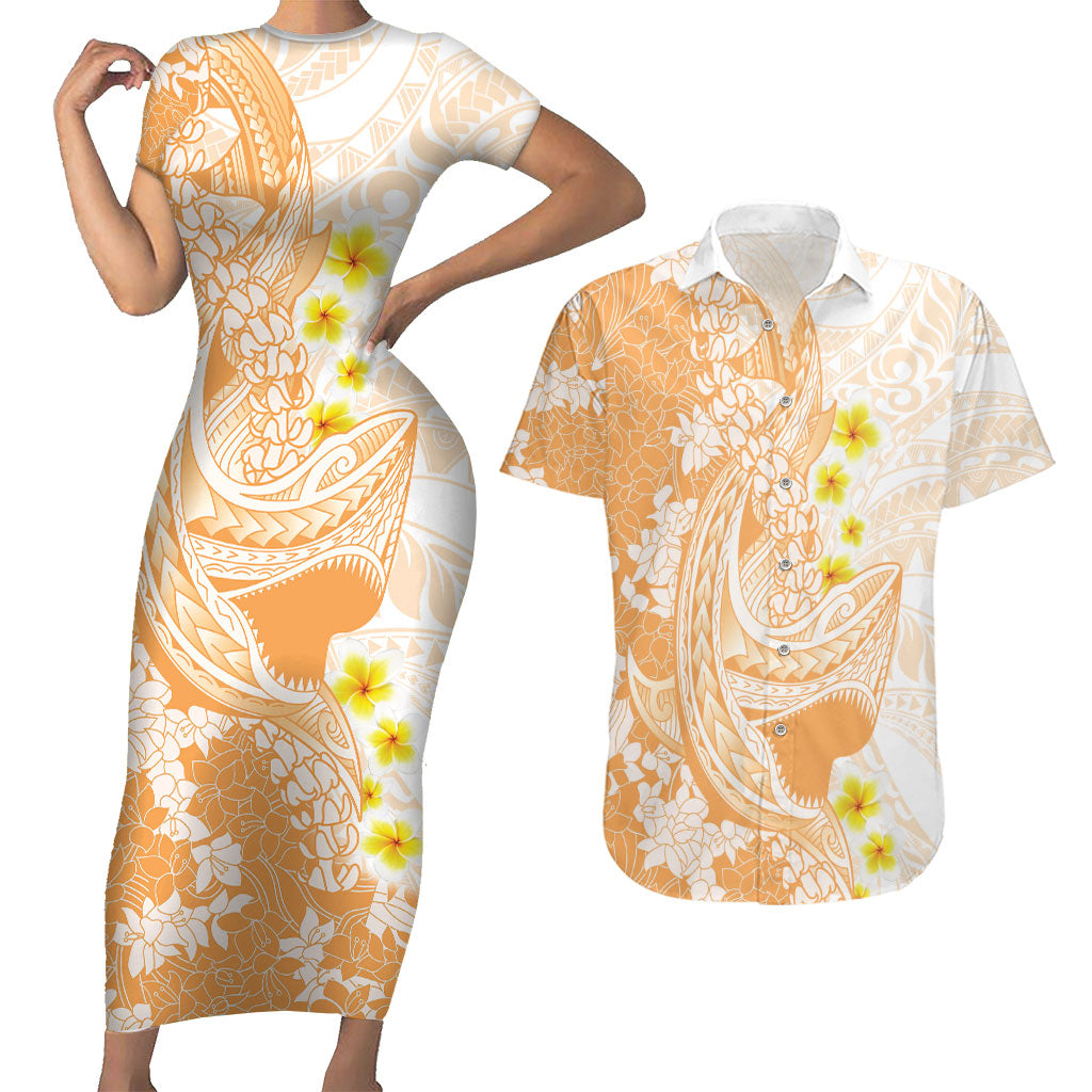 Orange Hawaii Shark Tattoo Couples Matching Short Sleeve Bodycon Dress and Hawaiian Shirt Puakenikeni Lei Plumeria Polynesian Pattern