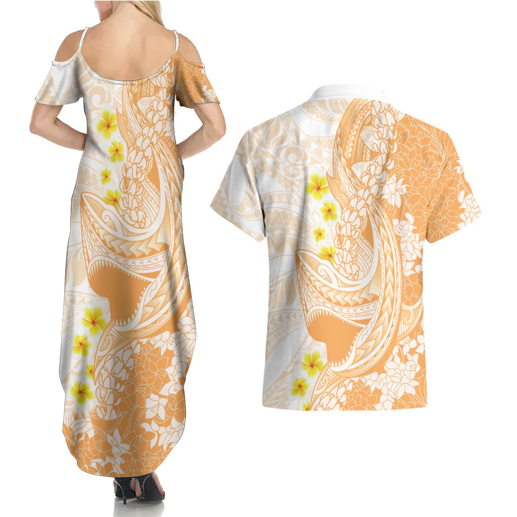 Orange Hawaii Shark Tattoo Couples Matching Summer Maxi Dress and Hawaiian Shirt Puakenikeni Lei Plumeria Polynesian Pattern LT14 - Polynesian Pride