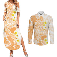 Orange Hawaii Shark Tattoo Couples Matching Summer Maxi Dress and Long Sleeve Button Shirt Puakenikeni Lei Plumeria Polynesian Pattern LT14 Orange - Polynesian Pride
