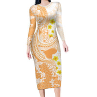 Orange Hawaii Shark Tattoo Family Matching Long Sleeve Bodycon Dress and Hawaiian Shirt Puakenikeni Lei Plumeria Polynesian Pattern LT14 Mom's Dress Orange - Polynesian Pride