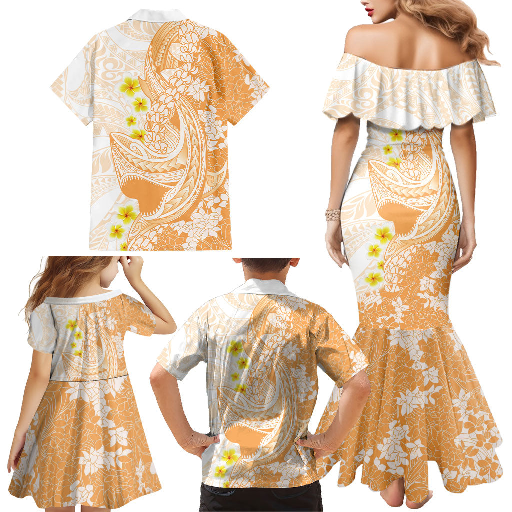 Orange Hawaii Shark Tattoo Family Matching Mermaid Dress and Hawaiian Shirt Puakenikeni Lei Plumeria Polynesian Pattern LT14 - Polynesian Pride