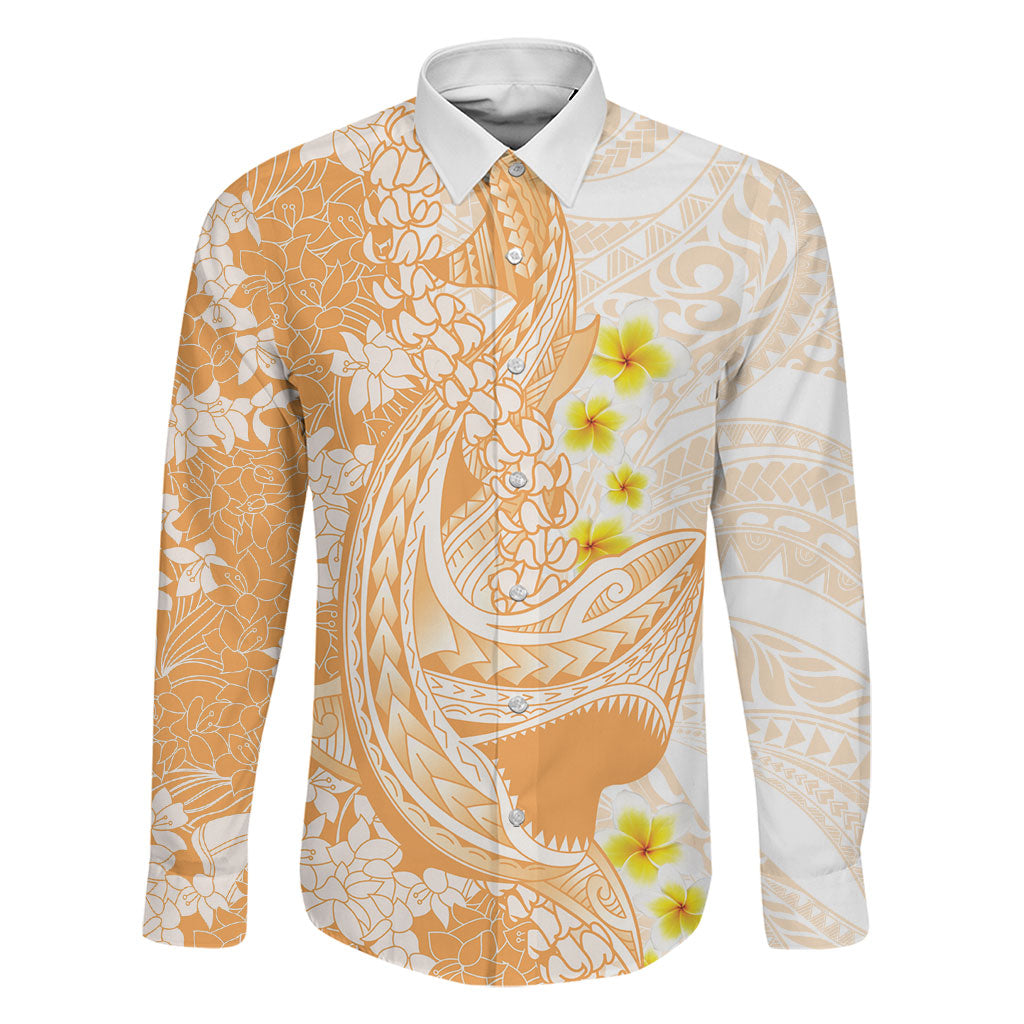 Orange Hawaii Shark Tattoo Family Matching Mermaid Dress and Hawaiian Shirt Puakenikeni Lei Plumeria Polynesian Pattern LT14 Dad's Shirt - Long Sleeve Orange - Polynesian Pride