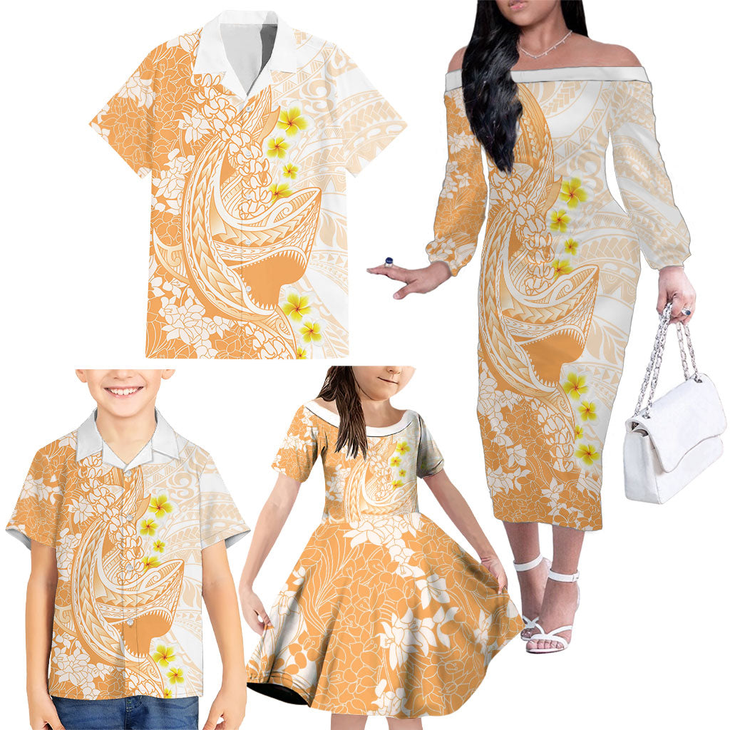 Orange Hawaii Shark Tattoo Family Matching Off The Shoulder Long Sleeve Dress and Hawaiian Shirt Puakenikeni Lei Plumeria Polynesian Pattern LT14 - Polynesian Pride