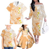 Orange Hawaii Shark Tattoo Family Matching Off The Shoulder Long Sleeve Dress and Hawaiian Shirt Puakenikeni Lei Plumeria Polynesian Pattern LT14 - Polynesian Pride
