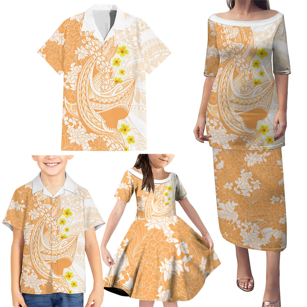 Orange Hawaii Shark Tattoo Family Matching Puletasi and Hawaiian Shirt Puakenikeni Lei Plumeria Polynesian Pattern LT14 - Polynesian Pride