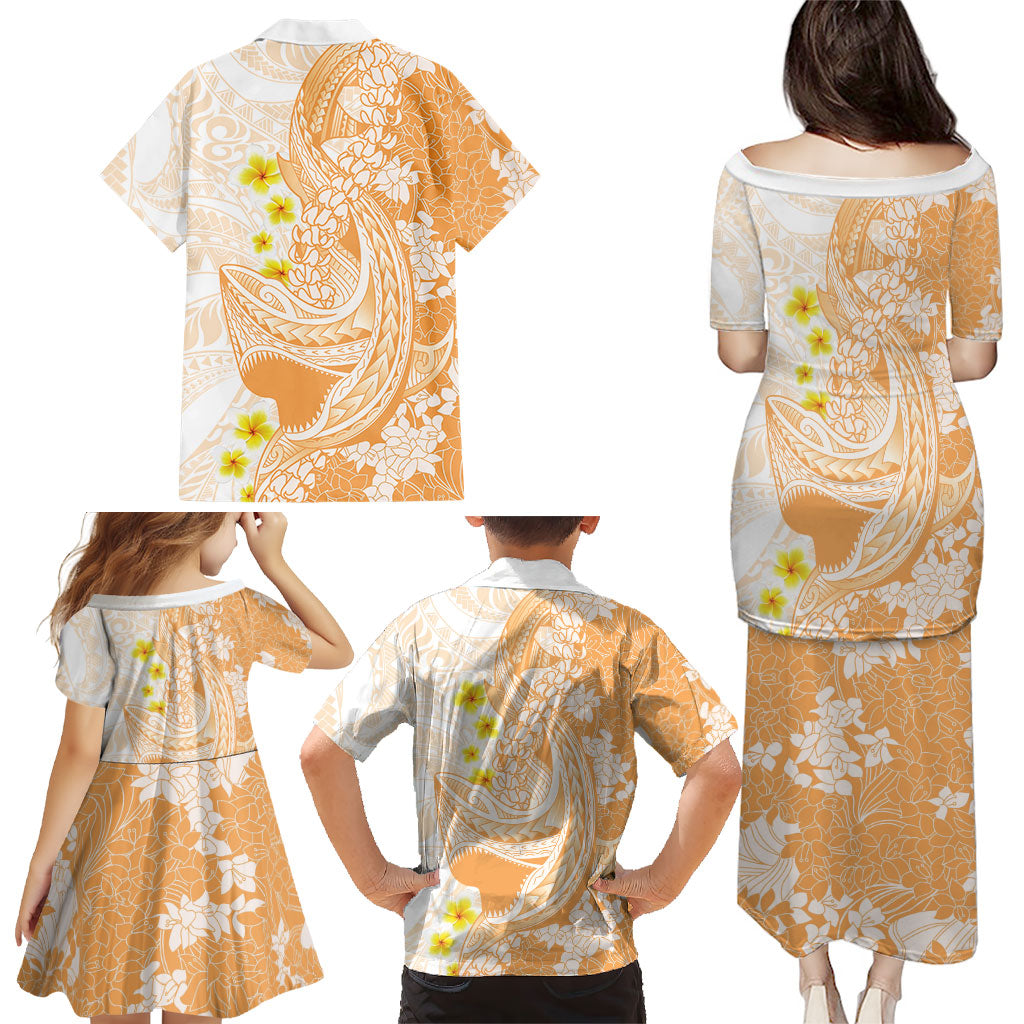 Orange Hawaii Shark Tattoo Family Matching Puletasi and Hawaiian Shirt Puakenikeni Lei Plumeria Polynesian Pattern LT14 - Polynesian Pride