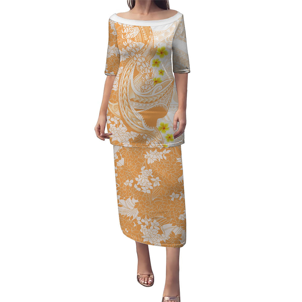 Orange Hawaii Shark Tattoo Family Matching Puletasi and Hawaiian Shirt Puakenikeni Lei Plumeria Polynesian Pattern LT14 Mom's Dress Orange - Polynesian Pride