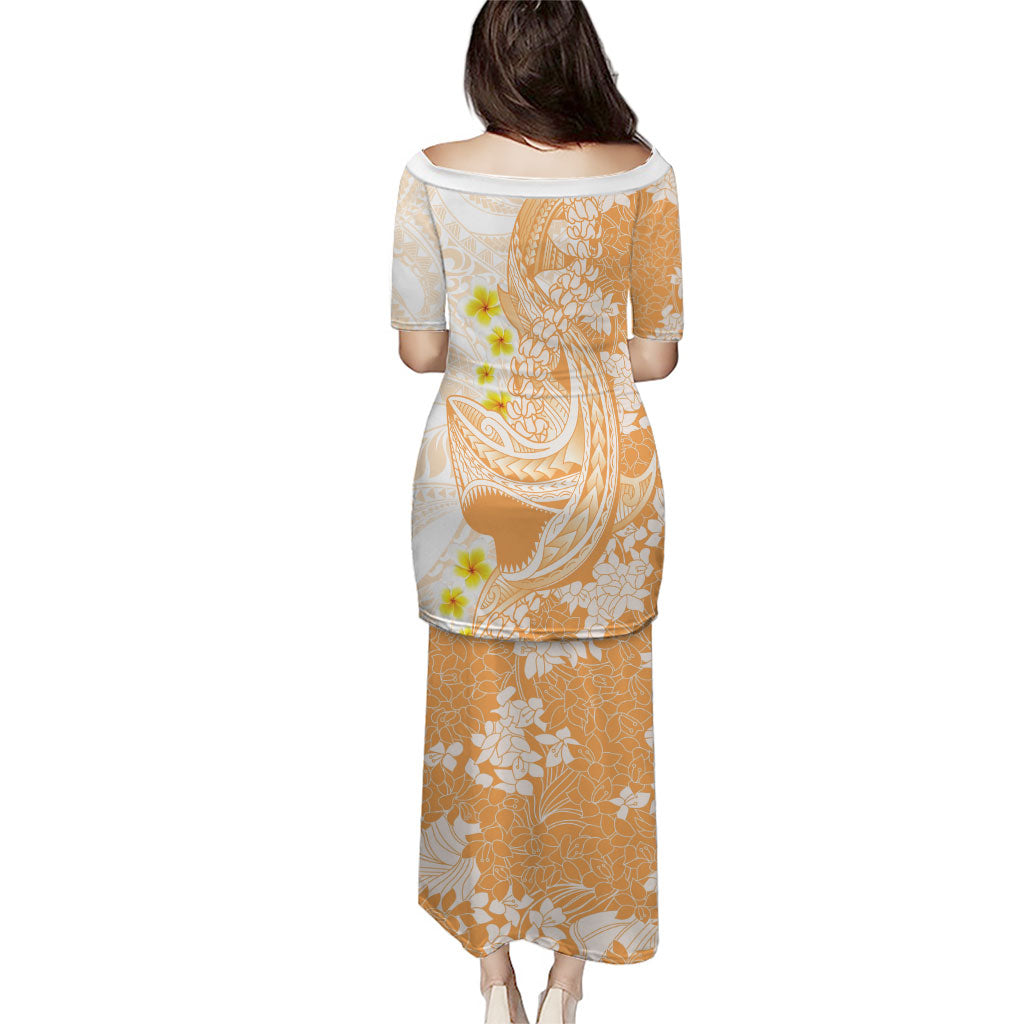 Orange Hawaii Shark Tattoo Family Matching Puletasi and Hawaiian Shirt Puakenikeni Lei Plumeria Polynesian Pattern LT14 - Polynesian Pride